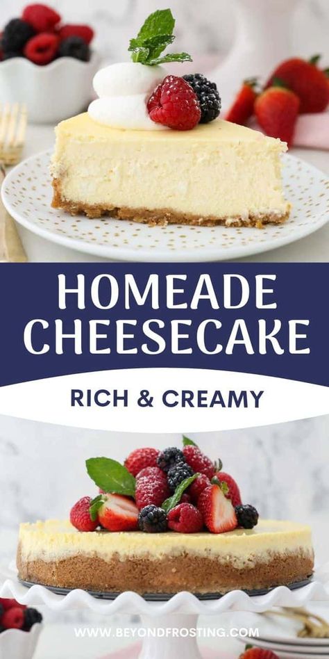 If you love rich, thick cheesecakes then you must try this creamy homemade cheesecake recipe! Each bite feels like pure indulgence and it's surprisingly simple to make! Best Homemade Cheesecake, Best Homemade Cheesecake Recipe, Homemade Cheesecake Recipe, Creamy Cheesecake Recipe, Homemade Cheesecake Recipes, Cheesecake With Whipped Cream, Homemade Graham Cracker Crust, Homemade Graham Crackers, Homemade Cheesecake