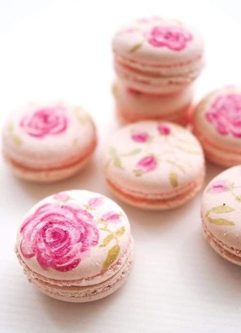 Floral Macarons, Painted Macarons, Wedding Macarons, Red Cake, Macaroon Recipes, Meringue Buttercream, Swiss Meringue Buttercream, Swiss Meringue, Hand Painted Wedding