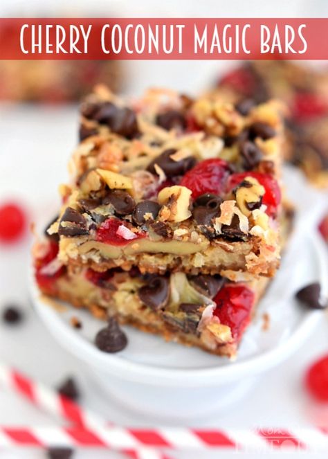 Cherry Coconut Magic Bars! If you love cherries, chocolate, and coconut together like I do - prepare for true bliss! | MomOnTimeout.com | #recipe #cherry #coconut #dessert #chocolate Cherry Frosting Recipe, Coconut Magic Bars, Cherry Frosting, Mom On Timeout, Magic Cookie Bars, Chocolate And Coconut, Cherry Coconut, Layer Bars, Magic Bars