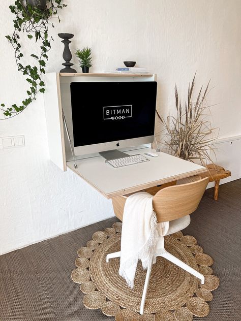 Small Space Work Station, Tiny Home Desk Space, Small Wall Office Space, Floating Work Desk, Hideable Desk, Desk Hide Monitor, Small Office Area In Bedroom, Murphy Office Desk, Murphy Desk Small Spaces