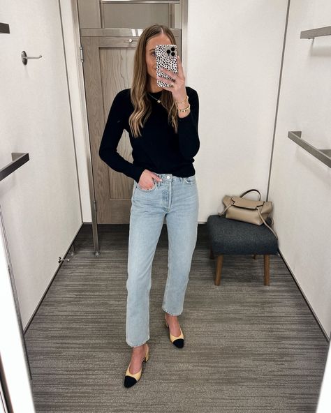 Black Sweater And Jeans Outfit, Black Sweater And Jeans, Chanel Slingback Outfit, Summer Sweater Outfits, Beige Sweater Outfit, Sweater And Jeans Outfit, Spring Sweater Outfits, Chic Work Outfit, Sweater And Jeans