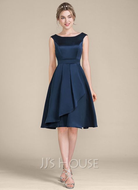 A-Line Scoop Neck Knee-Length Satin Bridesmaid Dress With Cascading Ruffles (007104719) - JJ's House Cascading Dress, Homecoming Dresses Knee Length, Princess Bridesmaid Dress, Satin Homecoming Dress, Sleeveless Bridesmaid Dresses, Two Piece Homecoming Dress, Bridesmaid Dresses Online, Dress Simple, Scoop Neck Dress