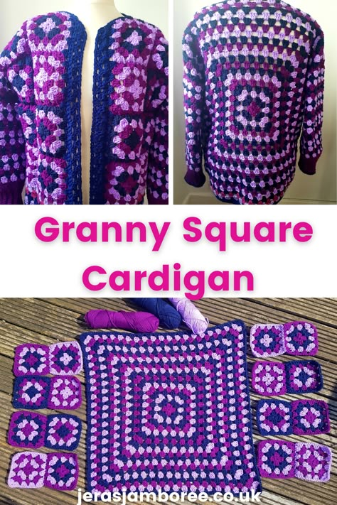 Montage of three photos 1) front view of a granny square cardigan crocheted in purples  2) back view of a granny square cardigan 3) granny square cardigan layout before assembly Square Cardigan Pattern, Granny Square Cardigan Pattern, Free Crochet Cardigan Patterns, Free Crochet Cardigan, Cardigan Free Pattern, Granny Square Cardigan, Crochet Jacket Pattern, Square Cardigan, Granny Stitch