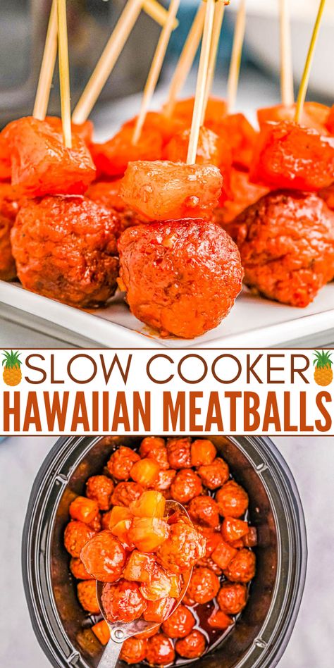 Slow Cooker Hawaiian Meatballs - The EASIEST meatball recipe that's sure to be a hit at parties and events! Or turn this into a no-fuss weeknight meal and serve these pineapple-infused Hawaiian meatballs over rice! Made with only 6 ingredients so you can just set your slow cooker and let it do all the work! Hawaiian Meatballs Crockpot, Slow Cooker Hawaiian Meatballs, Easy Slow Cooker Meatballs, Hawaiian Meatballs, Crockpot Appetizers, Bbq Meatballs, Hawaiian Bbq, Appetizer Meatballs, Meatball Recipes Easy