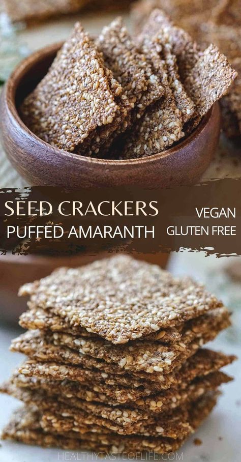 Looking for healthy puffed amaranth recipes or popped amaranth snacks? Take a look at these crunchy vegan gluten free seed crackers made with puffed amaranth (popped amaranth) flax seeds and sesame seeds. These easy healthy crackers can be made sweet or savory or customized with different types of seeds. #amaranth #crackers #vegan #glutenfree #healthy #seedcrackers #snack Recipes With Amaranth, Popped Amaranth Recipes, Puffed Amaranth Recipes, Amaranth Crackers, Puffed Amaranth, Popped Amaranth, Seed Crackers Recipe, Amaranth Recipes, Sesame Seeds Recipes