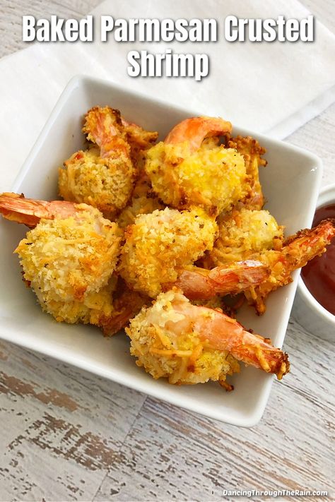 A white square bowl with Baked Parmesan Crusted Shrimp inside on a white wooden table next to a white bowl of cocktail sauce Parmesan Crusted Shrimp, Crusted Shrimp, Shrimp Parmesan, Breaded Shrimp, Baked Shrimp, Parmesan Crusted, Treat Ideas, Cheesy Recipes, Food Favorites