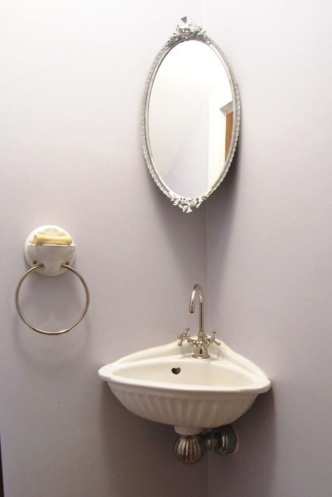 Corner Basin Bathroom, Small Corner Sink, Powder Room Corner Sink Mirror, Powder Room Corner Sink, Small Powder Room Corner Sink, Antique Corner Sink, 1930’s Bathroom, Tiny Corner Sink, Vintage Corner Sink Bathroom