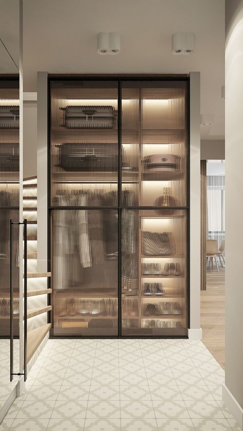 Wardrobe For Bags And Shoes, Dark Glass Wardrobe, Walk In Closet Mirror Ideas, Industrial Wardrobe Design, Profile Glass Door Wardrobe, Glass Wardrobe Design Bedroom, Bathroom Wardrobe Design, Wardrobe Glass Door, Glass Door Closet