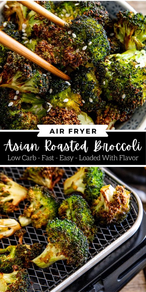 Looking for the best way to make roasted broccoli? Use the air fryer! This Air Fryer Asian Roasted Broccoli is fantastically flavorful, totally crispy, low carb and done in 15 minutes or less. Air Fry Fresh Broccoli Recipe, Air Fryer Roasted Broccoli From Frozen, Best Air Fryer Broccoli, Brocolli In Airfryer, Air Dry Broccoli, Roasting Broccoli In Air Fryer, Crispy Air Fryer Broccoli, Broccoli Recipes In Air Fryer, Airfried Crispy Broccoli