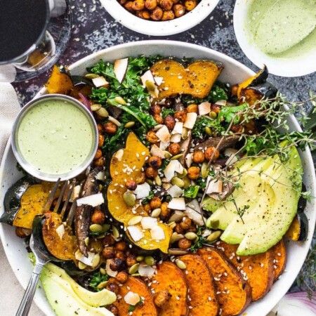 Sweet Potato, Squash and Kale Buddha Bowl - The Girl on Bloor Kale Buddha Bowl, Protein Buddha Bowl, Sweet Potato Squash, Kale And Chickpeas, Potato Squash, Hearty Salad Recipes, Tuna Fish Recipes, Fried Kale, Crock Pot Lasagna Recipe