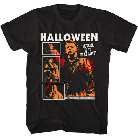 Stay Alive Collage Halloween T-Shirt - Michael Myers T-Shirt! THERE ARE OVER 25,000 T-SHIRTS ON THE SHIRT LIST!Be sure to check them out! Judith Myers, Haddonfield Illinois, Horror T Shirt, Halloween Franchise, Blood Splatter, Slasher Film, Halloween Horror Movies, Halloween Graphic Tees, Movie Tees