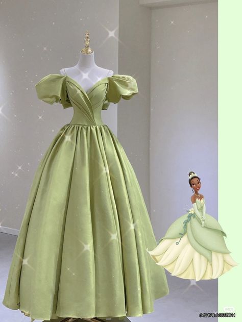 Tiana Aesthetic Outfit, Princess And The Frog Inspired Dress, Vestidos Verdes Aesthetic, Disgner Dress, Green Princess Dress, Princess Tiana Dress, Tiana Dress, Princesa Tiana, Pretty Quinceanera Dresses