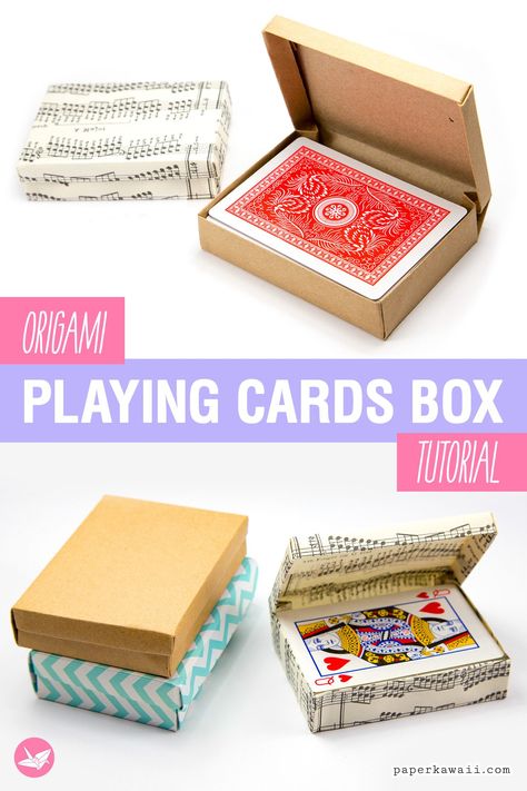 Small Box Crafts, Playing Card Box Design, Deck Box Diy, Origami Box Tutorial, Music Sheet Paper, Custom Card Box, Diy Playing Cards, Box Origami, Paper Kawaii