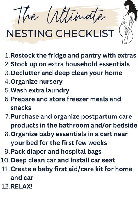 A nesting checklist is listed out one through twelve as a free printable. Nesting Schedule, Nesting Party Ideas Checklist, Pregnancy Nesting Checklist, Nesting To Do List, Nesting Checklist Before Baby, Nesting Party Checklist, Nesting Essentials, Nesting Aesthetic, Nesting Party Ideas