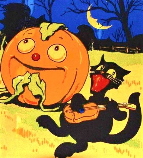 vintage Halloween black cat playing ukulele Old Halloween Aesthetic, Retro Halloween Aesthetic, Vintage Halloween Cards, Vintage Halloween Art, Vintage Halloween Images, Vintage Cartoons, Halloween Cats, Halloween Retro, Christmas Aesthetic Wallpaper