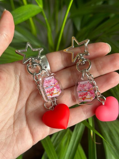 Strawberry Milk keychain + Holo sticker / Adorable milk brick / Cute stawberry milk keychain / Exclusive illustration / holgrafic sticker by LlimonetaArt on Etsy Milk Keychain, Love Keychain, Red Love, Strawberry Milk, Of Aesthetic, Cute Illustration, Last Minute Gifts, Vibrant Red, Heart Charm