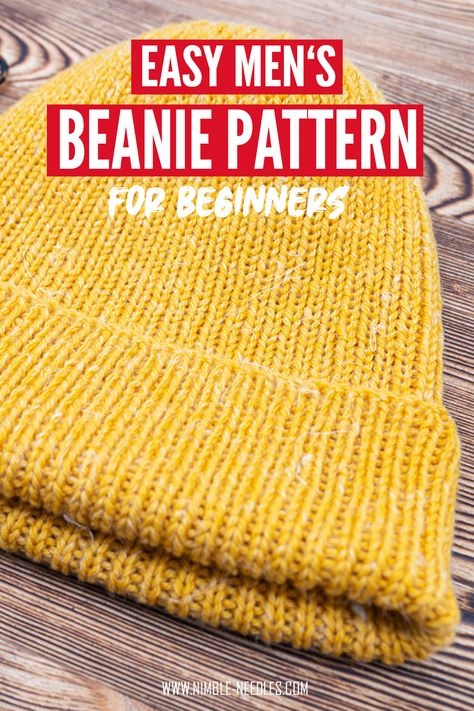 An easy men's beanie pattern for knitting beginners. Step by step instructions to knit a hat that fits perfectly. Pictures and video tutorials to guide you through.  #knittingpattern #knitting #knit #diy #makers Knit Mens Hat Pattern Free, Mens Beanie Hat Pattern Free Knitting, Free Mens Beanie Knitting Patterns, Knitted Mens Hat, Mens Hat Knitting Pattern Men's Beanie, Mens Beanie Hats Knitting Pattern, Man’s Knitted Hat Pattern, Mens Knit Hats Patterns Free, Mens Flat Knit Hat Pattern Free