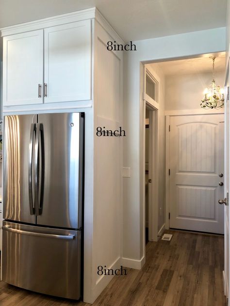 A weekend kitchen project...framing out my refrigerator ~ LeCultivateur Refrigerator On Small Wall, Fridge Housing Ideas, Built In Refrigerator Cabinet Ideas, Fantasy Kitchen, Refrigerator Panels, Refrigerator Cabinet, Kitchen Updates, Kitchen Fridges, Built In Refrigerator