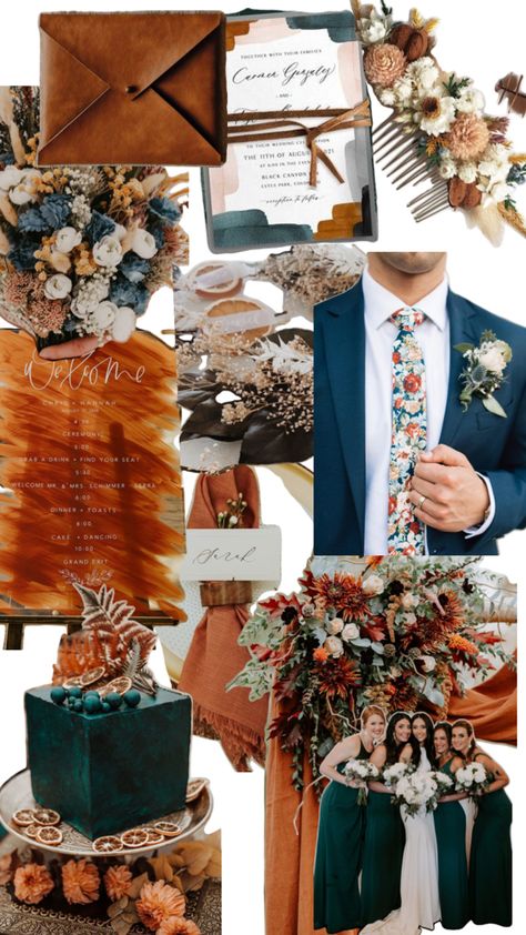 Orange Teal Dried Floral Fall Wedding Teal And Orange Wedding, Teal Fall Wedding, Personal Collage, Floral Fall Wedding, Aquarium Wedding, Teal And Orange, Wedding Inspiration Board, Orange Wedding, Dried Floral