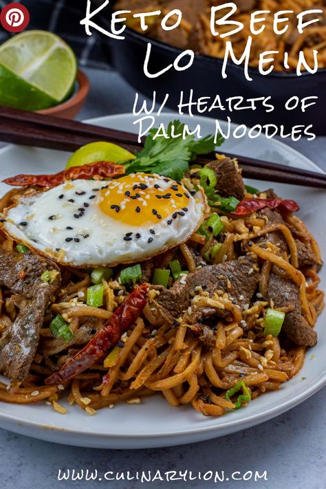 Keto Beef Lo Mein w/ Hearts of Palm Noodles - Culinary Lion Beef Lo Mein Recipe, Beef Lo Mein, Konjac Noodles, Pasta Substitute, Lo Mein Recipes, Keto Beef, Heart Of Palm, Keto Beef Recipes, Gluten Free Soy Sauce