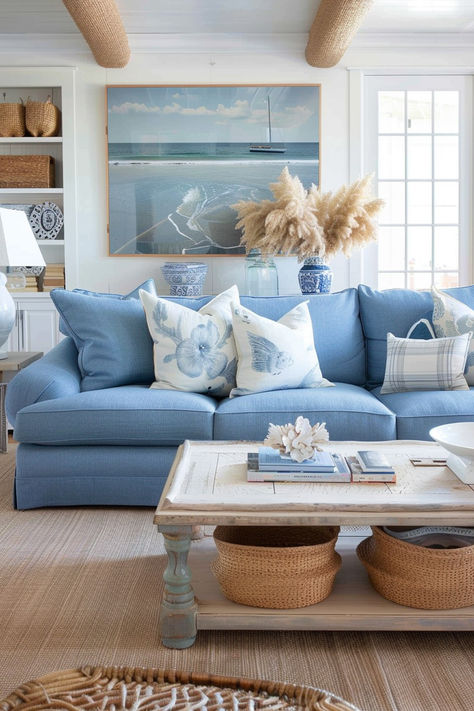 Hues of blues create a calming coastal living room escape. #coastal, #livingroom, #sofa, #coffeetable, #wallart Coastal Blue Living Room, Coastal Living Rooms Ideas, Blue Furniture Living Room, Coastal Cottage Living Room, Coastal Living Room Furniture, Coastal Bedroom Furniture, Living Rooms Ideas, Salas Living Room, Cottage Beach House