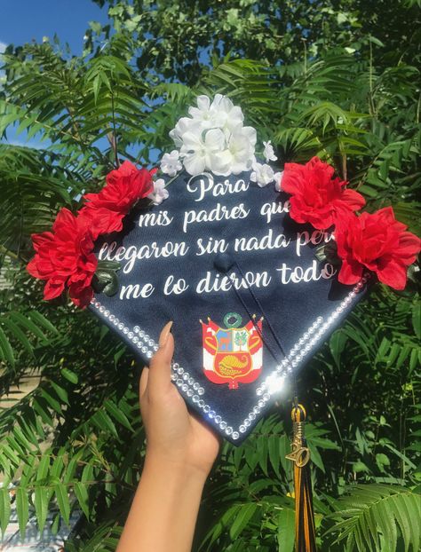 grad cap , peru , first gen , leaves , graduation , jewls Graduation Cap Designs Dedicated To Parents, For My Parents Graduation Cap, Grad Cap Ideas, Graduation Cap Decoration Diy, Cap Graduation, Grad Outfits, Grad Hat, Graduation Pics, Give Me Everything