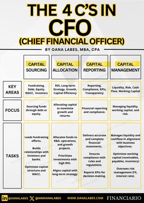 #FinanceMaster on LinkedIn: The 4 Cs in CFO (by Oana Labes, MBA, CPA)  The Chief Financial Officer… Brownie Business, Business Mathematics, Financial Literacy Lessons, Mobile Cafe, Business Strategy Management, Accounting Basics, Brain Based Learning, Business Empire, Money Lessons