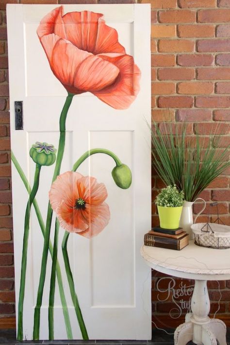 I was inspired by a door I saw on Pinterest somewhere that was painted with a tall flower, so when I asked my artist friend if she'd like to do something like this on a vintage painted door, she obliged.We started with an ordinary vintage door found at a garage sale.   Here's the old door and with all that old paint on it, I had a feeling there could be lead paint involved, so I was careful to use a mask when sanding it back.   Here it is after a good sanding with a couple of layers of… Front Door Makeover, Painted Door, Vintage Doors, Antique Doors, Antique Door, Vintage Door, Diy Door, Painted Doors, Shabby Chic Style