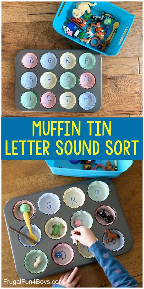 Muffin Tin Letter Sounds Activity - Frugal Fun For Boys and Girls Letter Sound Activities, Blossom Painting, Letter Sound, Preschool Literacy, Letter Activities, Cotton Balls, Kids Learning Activities, Toddler Learning Activities, Phonics Activities