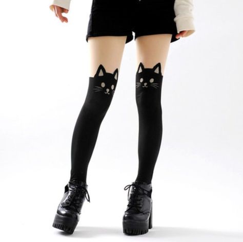 cfa5301358b9fcbe7aa45b1ceea088c6desc53496696ri Black Thigh High Socks, Cat Tights, Loafers With Socks, Thigh High Tights, Goth Skirt, Gato Cat, Cute Tights, Kawaii Clothing, Black Thigh High