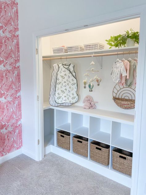 DIY Closet Makeover for Baby Girl's Nursery - Liz Pacini Newborn Closet Ideas, Nursery Closet Ideas Diy, Nursery Closet Sliding Doors, Nursery Closet Without Doors, Nursery Open Closet Ideas, Nursery Storage Cubes, Nursery Closet Diy, Nursery Closet Doors, Baby Room Closet Ideas