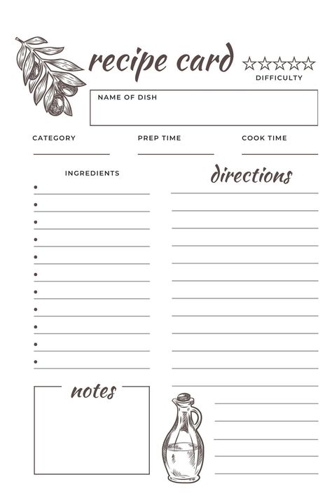 "Printable Recipe Card  With Minimalist Design, Fillable Recipe Page, Instant Download Recipe Blank Check out our Printable Recipe Cards! What you get: A file you can print easily at home or your local print shop (PDF format). These cards work best when printed on sturdy cardstock paper. Choose from different sizes: US Letter, A5, or 6\"x4\". Easy to Print: Just download the high-quality PDF file, print it out, and you're ready to organize your recipes. Stylish Organization: Keep your favorite recipes neat and tidy. These cards have space for ingredients, directions, and any extra notes you want to add. Sizes for Any Collection: Fit them in recipe boxes or binders - whatever works best for you. How to Use: Buy the printable recipe cards. Download the PDF file instantly. Print on your prefe Recipe Page Aesthetic, Recipe Outline Template, Recipe Paper Template, Recipe Template Design, Recipe Card Design Layout, Diy Recipe Book Printables, Blank Recipe Template, Recipe Page Template, Recipe Binder Printables Free Templates