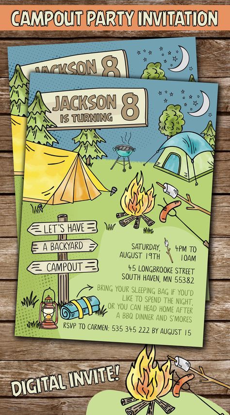 A Campout Birthday Invitation for a camping party or backyard campout! Includes tents, a campfire, s'mores, BBQ and more.
Personalized with your your little camper's party details, then download and print locally. Camp Theme Invitations, Backyard Campout Party, Backyard Campout Birthday Party, Camp Themed Birthday Party Invitations, Camping Theme Invitations, Camp Birthday Invitation, Backyard Camping Birthday Party, Camp Out Birthday Party Invite, Campfire Birthday Invitations