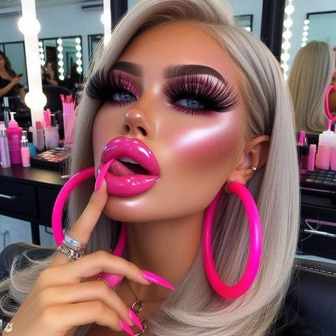 Thick Makeup, Fake Lips, Dance Clubs, Lace Up Bodycon Dress, Drag Queen Makeup, Glamour Hair, Princess Makeup, Glitter Lip, Hot Pink Lips