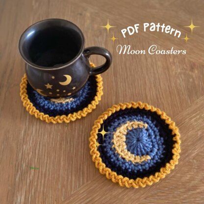 Crescent Moon Coasters by Mumsy Makes Crochet. Make these beautiful coasters for yourself or loved ones. A great make for anyone who loves astrology, moon phases, Wicca or paganism. A great alternative gift. This pattern uses single crochets, chains and slip stitches as well as multiple colour changes. Colours are changed by fastening off and reattaching the new colour. Pattern is in US terminology. Celestial Crochet, Coaster Crochet Pattern, Slip Stitches, Astrology Moon, Coasters Crochet, Coaster Crochet, Witchy Home, Witchy Home Decor, Alternative Gifts