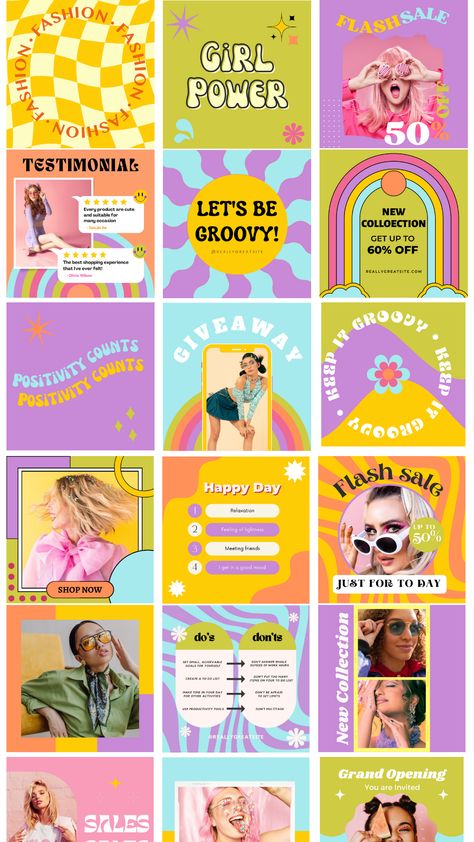 Instagram Post Design Funky Social Media Post, Graphic Design Inspiration Instagram, Groovy Instagram Feed, Canva Post Template, Canva Content Ideas, Vibrant Instagram Feed, Canva Instagram Post Ideas, Fun Instagram Feed, Canva Tutorials Ideas