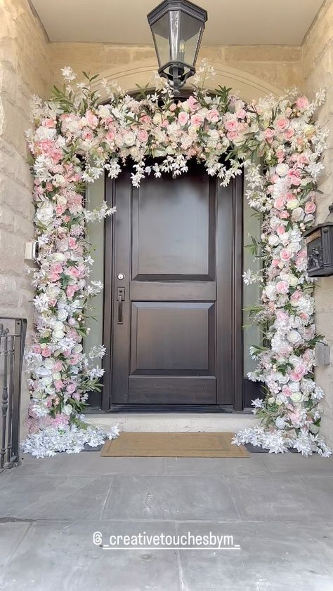 _creativetouchesbym_ on Instagram: 4 set ups later... 🌸🌸🌸 Our client booked us for a floral entrance, our all-white themed boxed wall, a traditional teepee inspired backdrop… Engagement Flowers Decoration, Wedding Door Decorations, Engagement Stage Decoration, Ganpati Decoration Design, Wedding Doors, Wedding Planning Decor, Pink Backdrop, Mehndi Decor, Pink And White Flowers