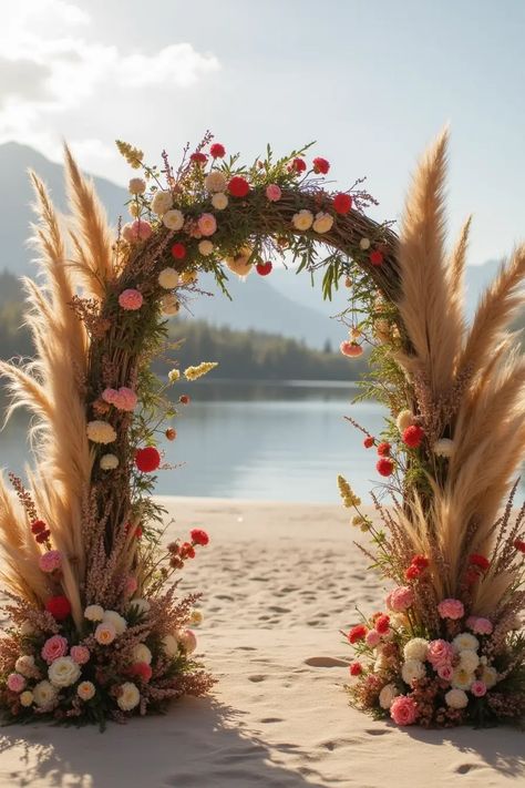 22 Boho Wedding Decor Ideas to Create Something Special Boho Wedding Ceremony Arch, Beach Wedding Florals, Boho Wedding Decor Ideas, Sunflower Wedding Centerpieces, Bohemian Wedding Ceremony, Simple Boho Wedding, Simple Beach Wedding Ideas, Winter Wedding Centerpieces, Bohemian Beach Wedding