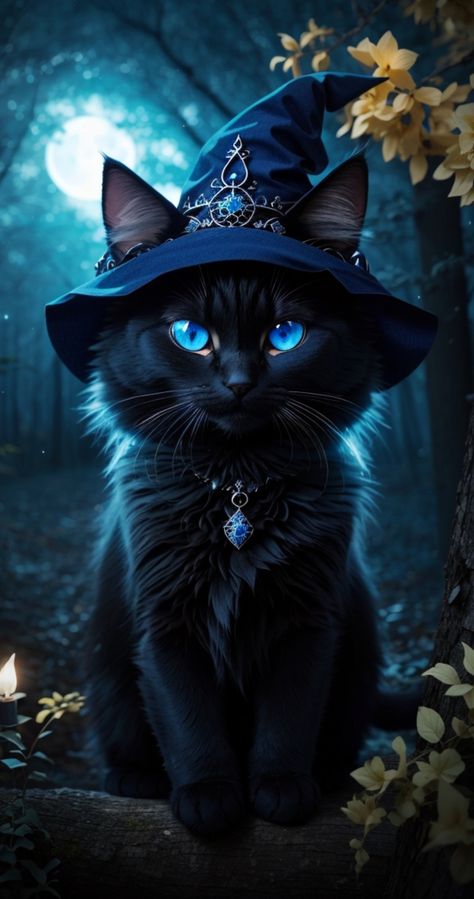 Black Kittens, Cat Dressed Up, Halloween Wallpaper Cute, Magic Cat, Cat Kawaii, Halloween Moon, Image Chat, Halloween Artwork, Black Cat Art