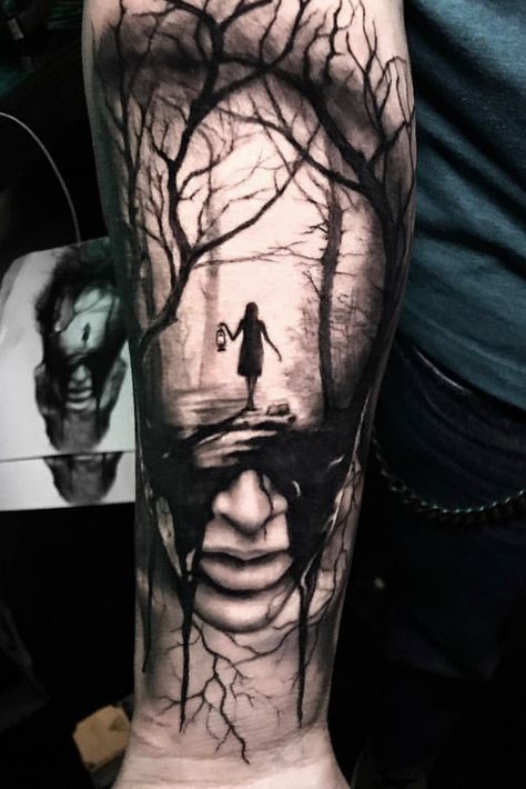 State Tattoos, Tattoo Expo, Realistic Tattoo Sleeve, Evil Tattoos, Forarm Tattoos, Scary Tattoos, Silhouette Tattoos, Creepy Tattoos, Leg Sleeve Tattoo