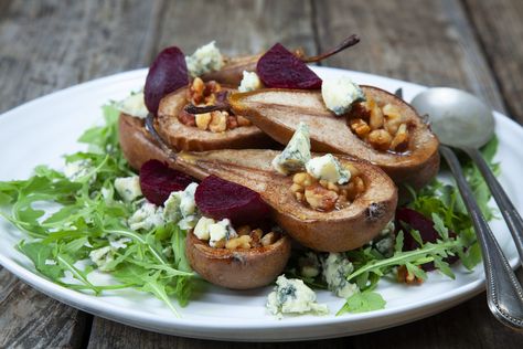 Roasted Pears with Walnuts & Blue Cheese Savoury Salad, Pears With Blue Cheese, Roasted Pears, Roasted Pear, Sliced Pears, Savory Salads, Honey And Cinnamon, Silicone Baking Mat, Baking Mat