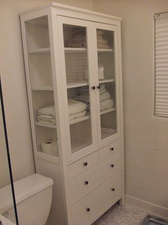 master bath storage cabinets from IKEA - Google Search Hemnes Cabinet, Ikea Bathroom Storage, Pharmacy Cabinet, Makeover Kamar Mandi, Ikea Storage Cabinets, Ikea Bathroom, Ikea Hackers, Diy Ikea, Master Bath Remodel