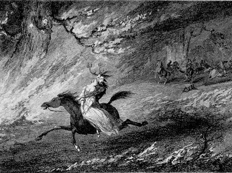 Herne the Hunter flees with Mabel in this illustration by Cruikshank of William Harrison Ainsworth's novel "Windsor Castle." Herne The Hunter, Single Tree, Celtic Mythology, Ancient Mythology, Wild Hunt, Anglo Saxon, The Hunter, Folk Tales, Popular Culture