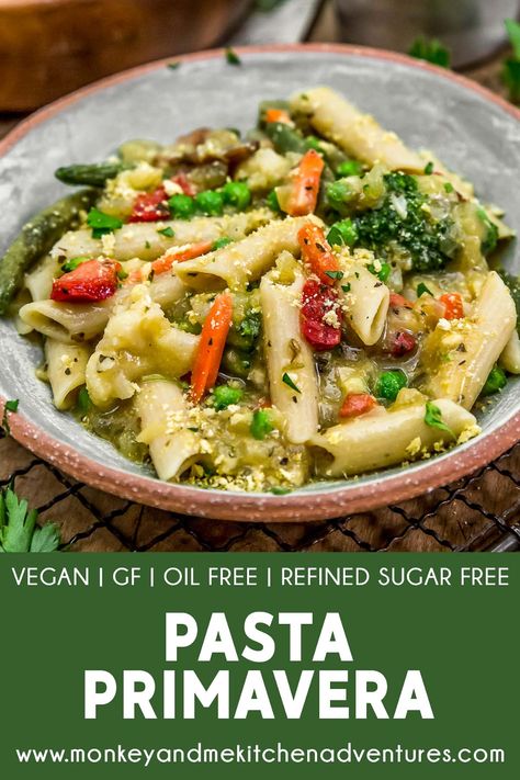 This healthy, low-fat Pasta Primavera is brimming with tender pasta, rainbow veggies, and aromatic sauce that comes together in less than 30 minutes. #vegan #oilfree #glutenfree #plantbased | monkeyandmekitchenadventures.com Vegan Pasta Primavera, Plant Based Pasta, No Oil Recipes, Wfpb No Oil, Vegan Pasta Dishes, Monkey And Me Kitchen Adventures, Rainbow Veggies, Vegetarian Bowls, 30 Days To Healthy Living