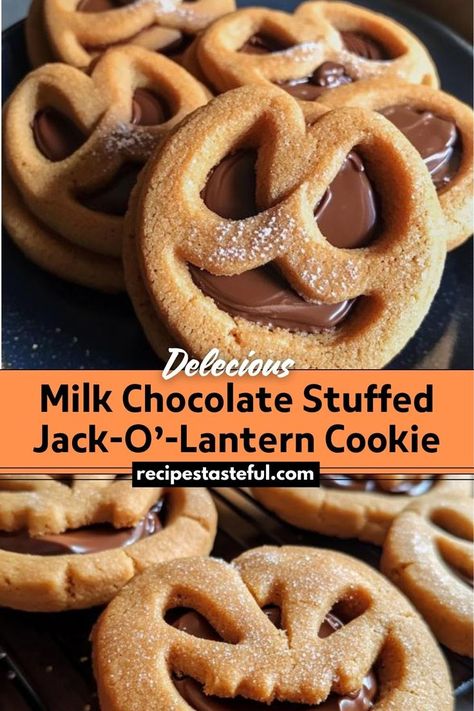 Milk Chocolate Stuffed Jack-O’-Lantern Cookies are festive treats perfect for Halloween or Thanksgiving. These cookies feature a rich milk chocolate center encased in spiced cookie dough, decorated with Jack-O’-Lantern faces for a seasonal touch. Jack O Lantern Cookies, Pumpkin Shaped Cookies, Festive Desserts, Spice Cookies, Festive Treats, Cut Out Cookies, Breakfast For Dinner, Halloween Recipes, Dessert For Dinner