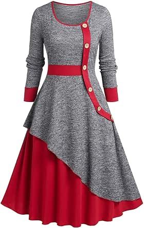 Rosegal Womens Plus Size Button Decor Color Block Layered A Line Midi Jersey Knitted Long Sleeve Dress 2022 Trends, Flared Dress, Long Sleeve Knit Dress, Spring Fabric, Trendy Plus Size Clothing, Frock Design, Trends 2022, Block Design, Knee Length Dresses