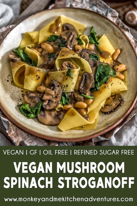 Vegan Mushroom Spinach Stroganoff - Monkey and Me Kitchen Adventures Monkey And Me, Mushroom Spinach, Mushroom Stroganoff, Vegan Mushroom, Sugar Free Vegan, Vegan Pasta, Vegan Foods, French Food, Vegan Dishes