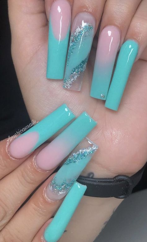 Teal Nail Color Ideas, Cyan Acrylic Nails, Acrylic Nail Designs Teal, Teal Long Nails, Teal Nail Ideas Acrylic, Teal Square Acrylic Nails, Tiffany Blue Acrylic Nails, Blue Acyrilics Nails, Tourquise Nails Design