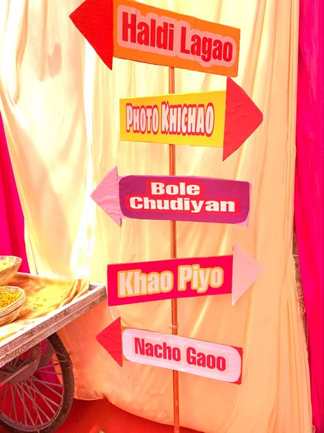 Barat Props Ideas, Haldi Props Ideas Diy, Haldi Selfie Booth, Haldi Theme Ideas, Haldi Props Ideas, Dholki Props, Haldi Entry Ideas, Haldi Theme Decoration, Wedding Signboard