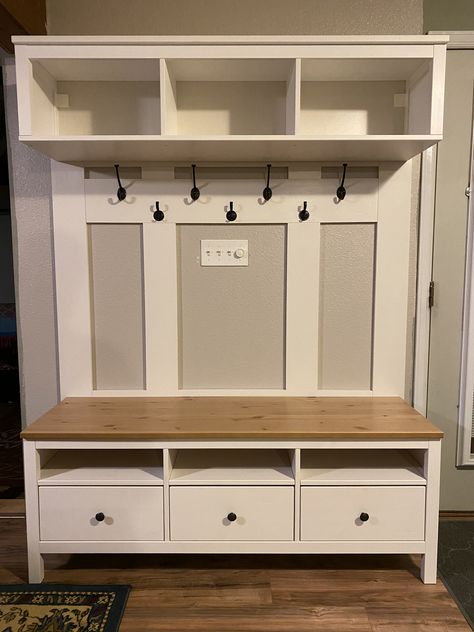 My husband built this from Ikea Hemnes tv cabinets for about $350 total. Trim is painted “Marshmallow” by HGTV. Hooks are from Lowe’s. Hall Tree Ikea Hack, Ikea Hall Tree, Ikea Hemnes Tv, Hemnes Tv Stand, Ikea Hall, Ikea Mudroom, Stained Furniture, Ikea Entryway, Hall Tree Bench